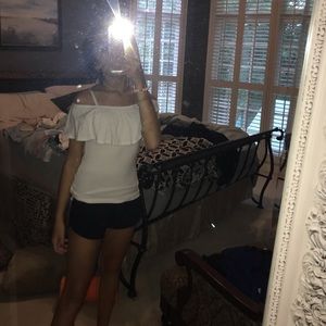 White off the should shirt